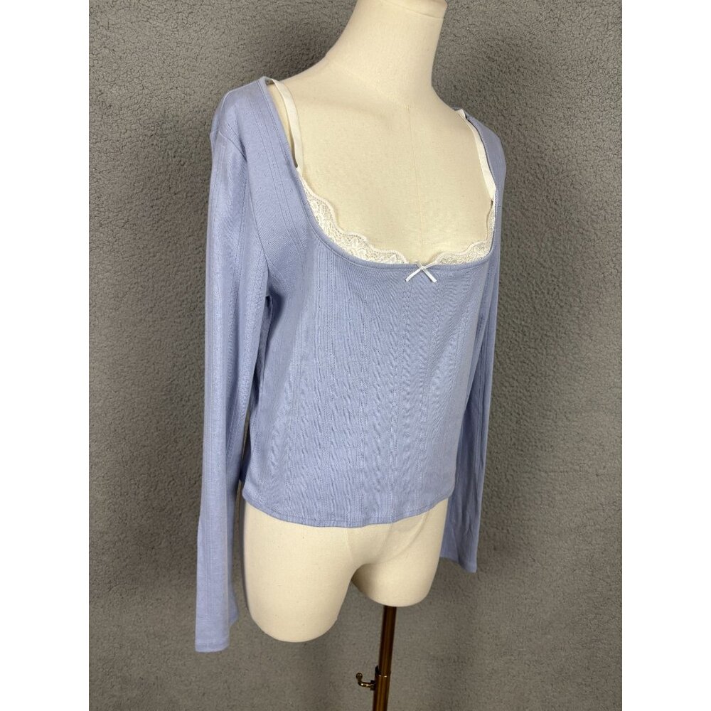 Sugar Moon Juniors' Womens Layered-Look Pointelle Knit Top Blue Size Large NWT's - Picture 3 of 8
